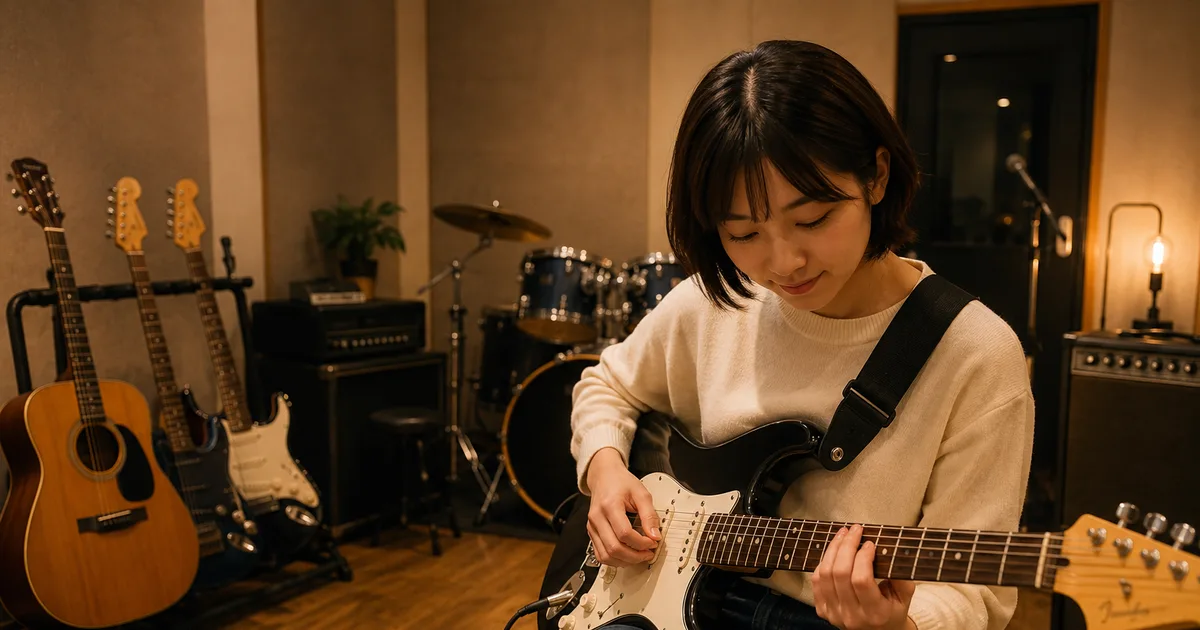 音楽スタジオでエレキギターを弾く女性