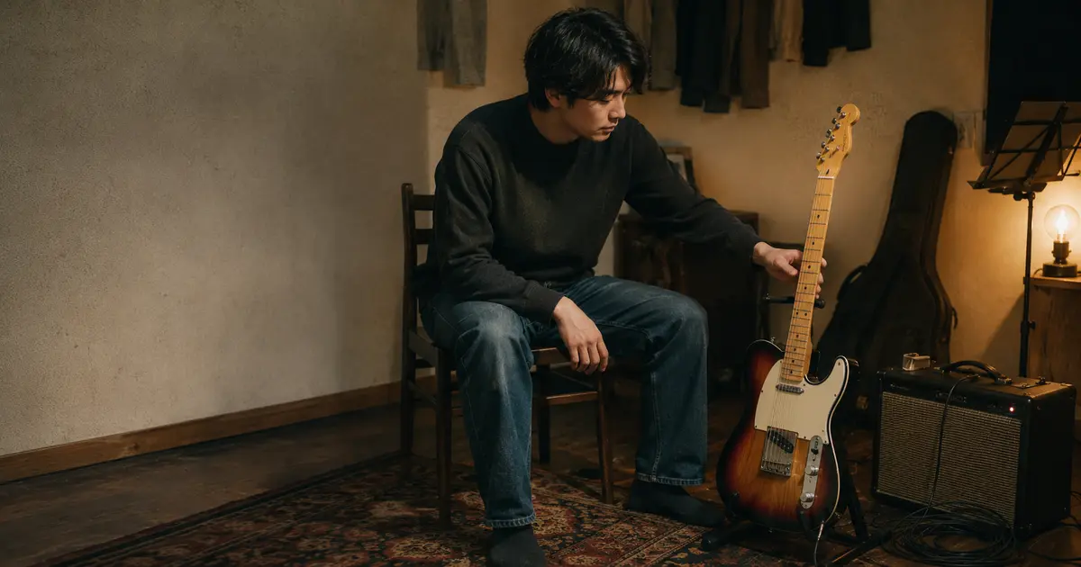 自宅の音楽スペースで、ギタースタンドに立てたサンバーストのテレキャスターに手を伸ばす男性