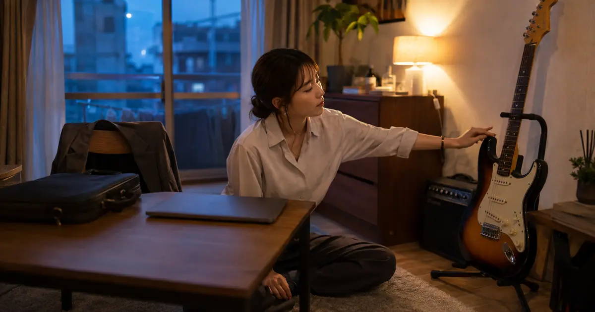 仕事を終えた部屋でノートパソコンの横からエレキギターへ手を伸ばす女性