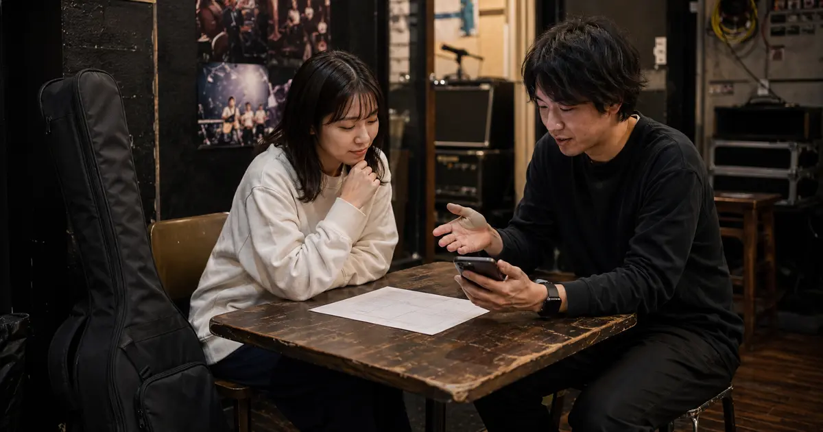 音楽スタジオのロビーでギター教室の料金や通い方を相談する男女
