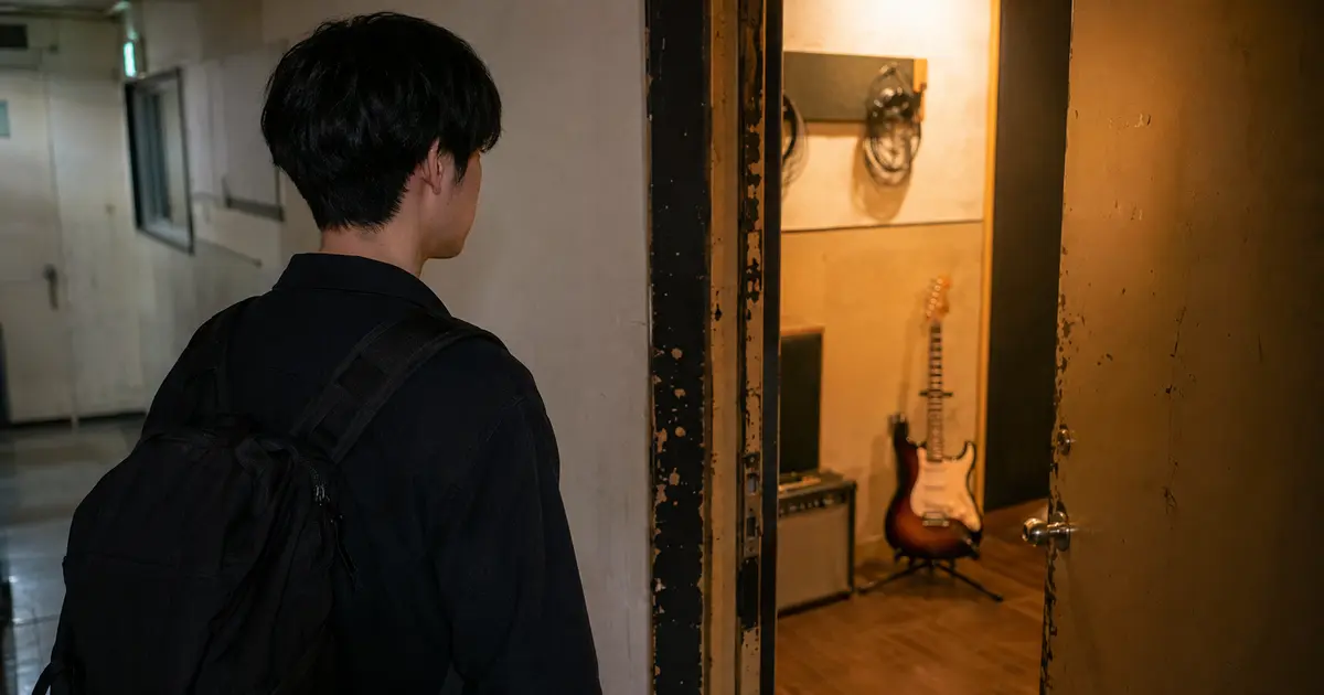 音楽スタジオの入口で、室内のエレキギターを見ながら足を止める初心者の男性