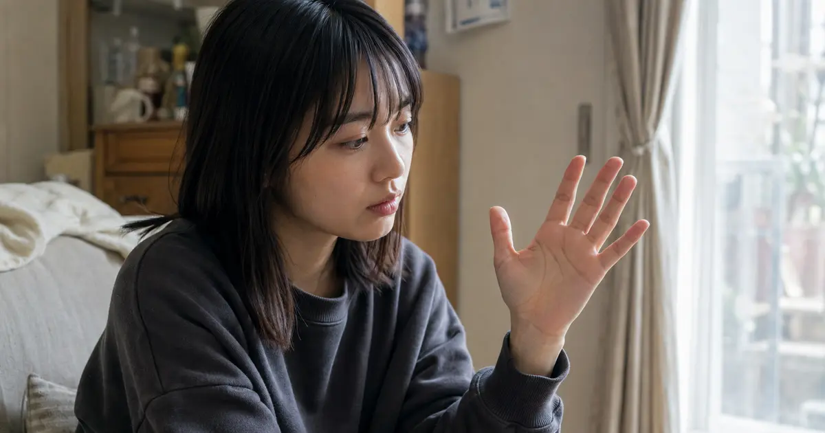 自宅で自分の手のひらを見つめる女性