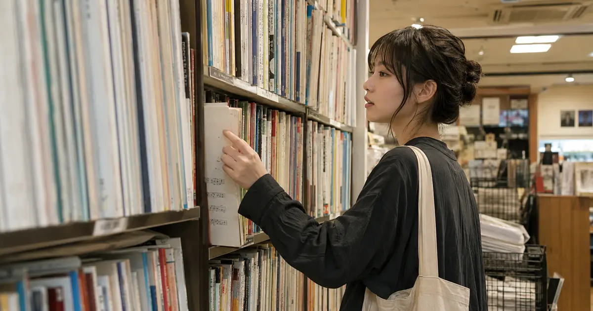 楽器店の楽譜コーナーで棚から譜面集を選ぶ女性