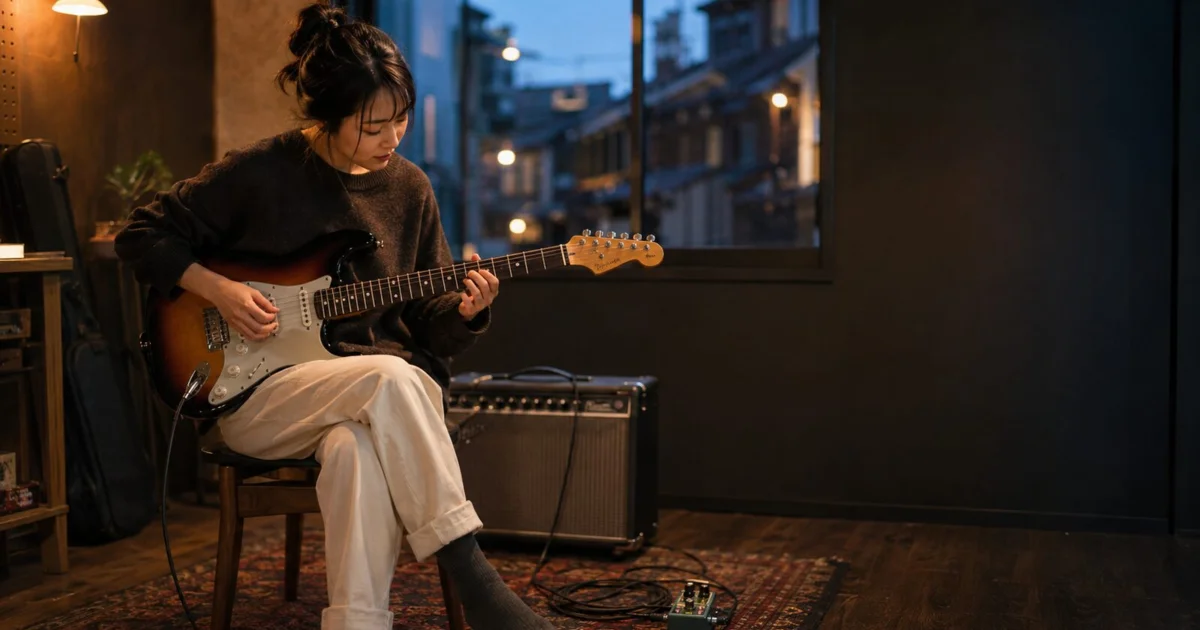 夕方の京都の街を背景に、音楽スタジオでエレキギターを弾き始める女性