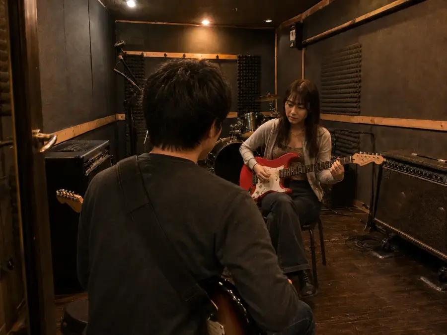 音楽スタジオでホストと向かい合ってギターを演奏する参加者